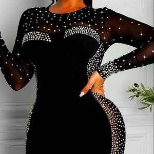 💋NEW!😗Long sleeve, side sheer panels, rhinestone, mesh Bodycon🌹🥻